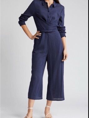 Caslon Navy Wrap-Waist Cropped Jumpsuit